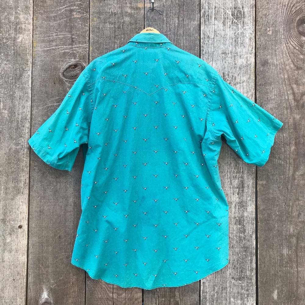 VTG 90s Wrangler USA Made Short Sleeve Western Cow Skull Print Shirt 17 - Picture 3 of 8